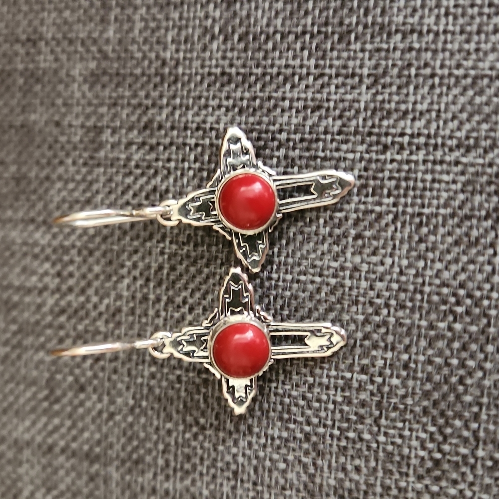 Beautiful NWOT Native American Navajo Sterling & Coral Earrings - Picture 6 of 11